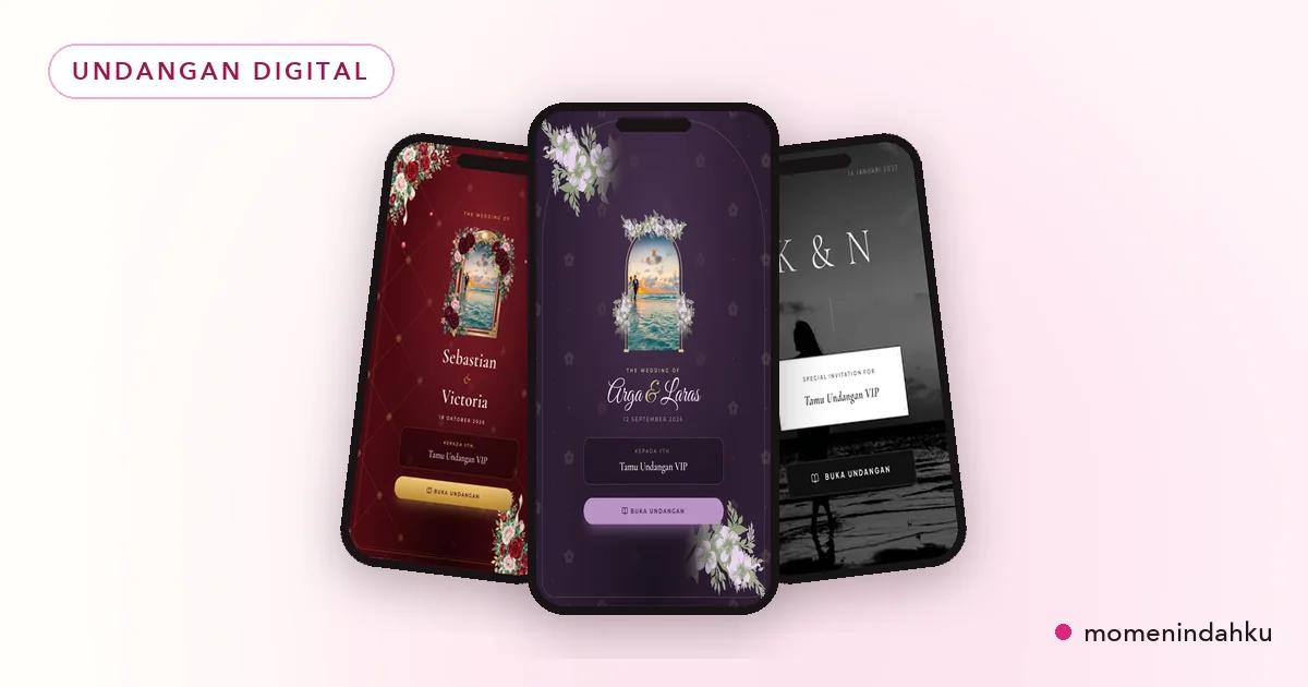 Pasangan melihat undangan digital elegan di ponsel dengan nuansa pernikahan modern