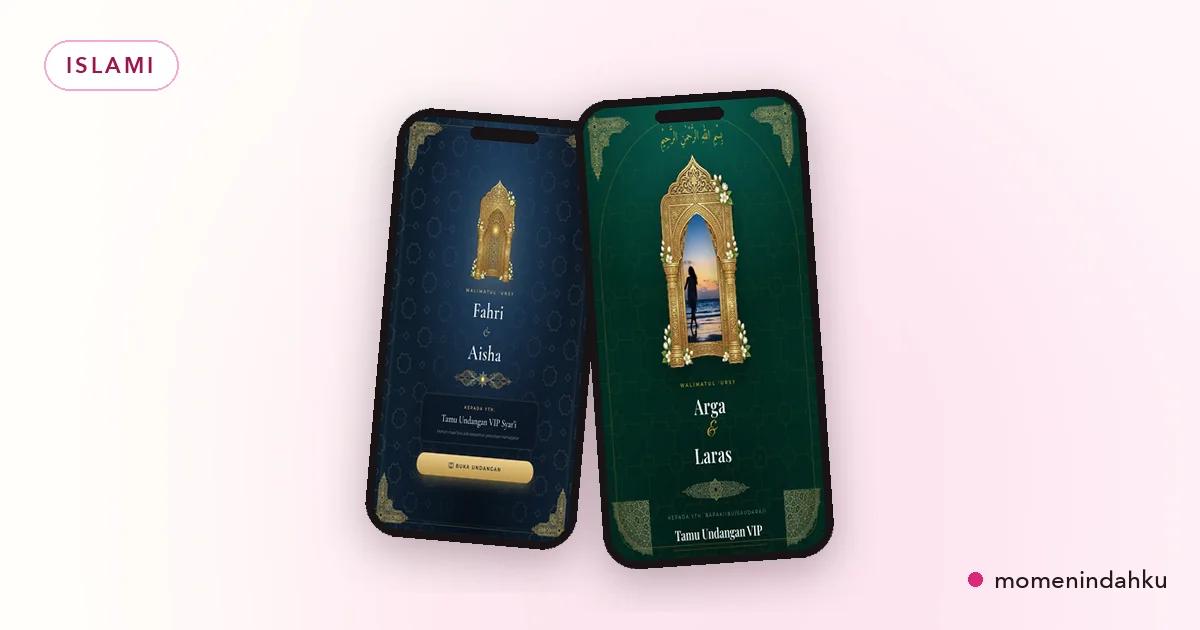 Undangan digital islami elegan dengan warna sage, ivory, dan ornamen geometris lembut