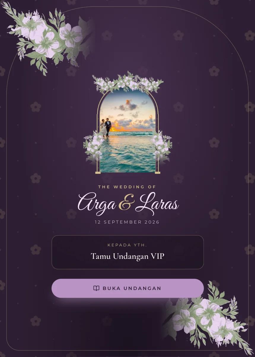 Template undangan pernikahan digital Romantic Garden Bloom - Undangan premium mobile-first dengan taman bunga romantis, foto pasangan, story, RSVP, gift, dan maps.